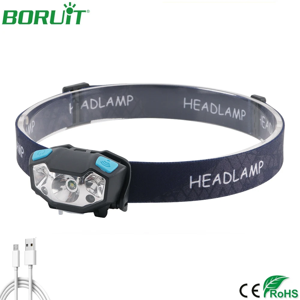 BORUiT индукционный налобный фонарь XPE светодиодный с зарядкой от USB фонарик для