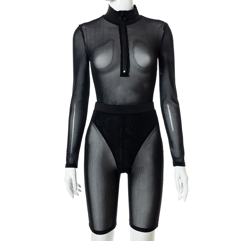 

Girlchic Mesh Transparent Skinny Sexy Slim Black Women Sets Mock Neck Long Sleeve Zip Up Bodysuit High Waist Patchwork Shorts