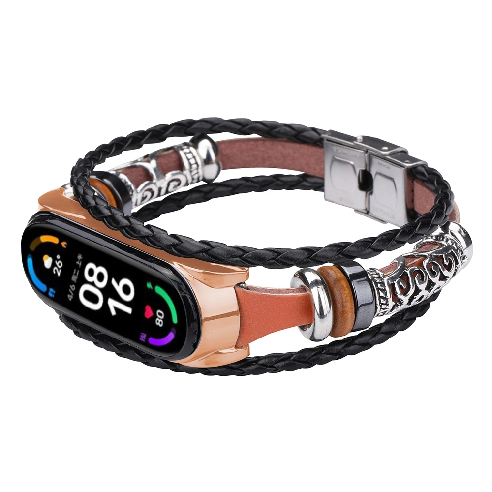 

Leather Strap For Xiaomi Mi Band 6 5 Bracelet Wristband For MIband 7 Mi Band 5 Smart Watchband Ethnic Beaded Retro+Metal Case