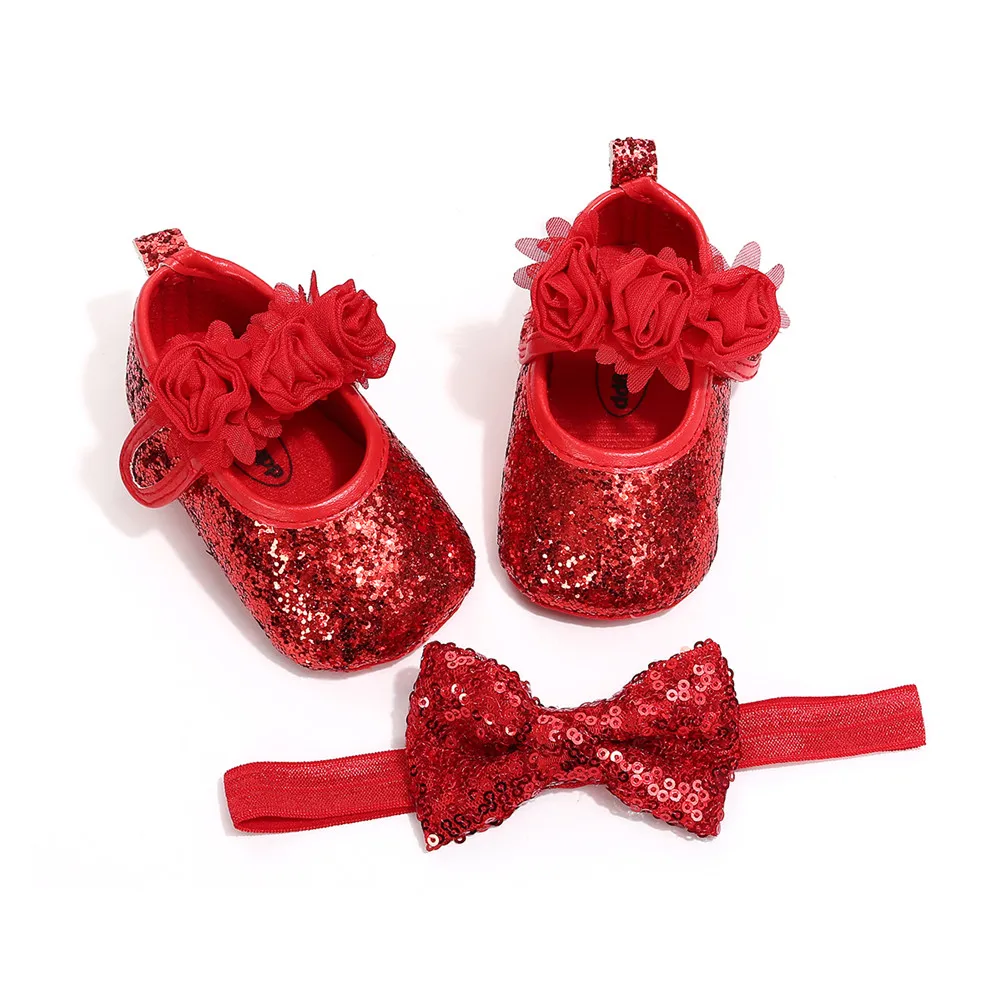 

Newborn Baby Girls Flowers Sequins Crib Shoes Infant Princess Shoes Anti-slip Prewalkers First Walkers+Bowknot Hairband 0-18M