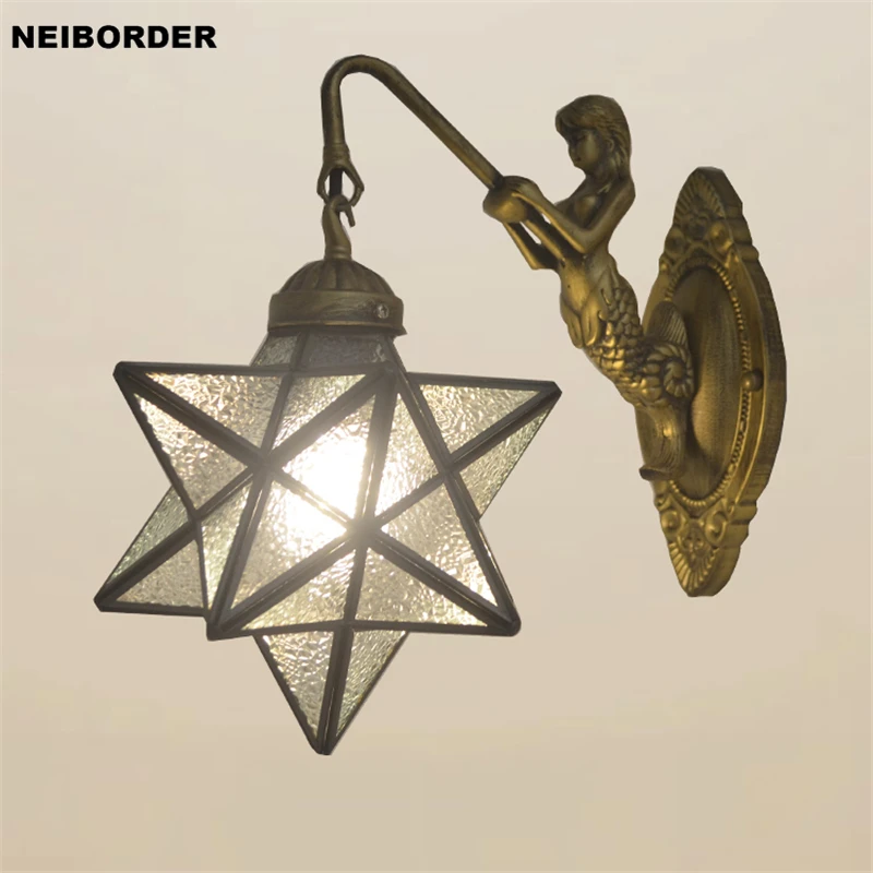 

Tiffany Fashion Mermaid Stars Wall Light Bedroom Bedside Wall Lamp Mediterranean Stained Glass Mirror Front Lamp Sconce Fixtures