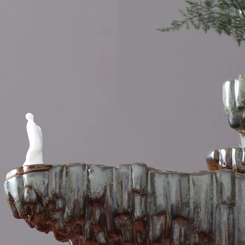 

220V Vintage Ceramic Fountain Flowing Ornaments Indoor Water Fountain Desktop Fountains Feng Shui Lucky Home Decor Accessories