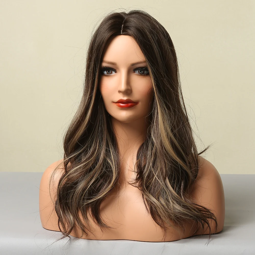 

GEMMA Medium Long Wavy Dark Brown Blonde Highlight Synthetic Wig for Black Women Natural Middle Part Cosplay Heat Resistant Hair