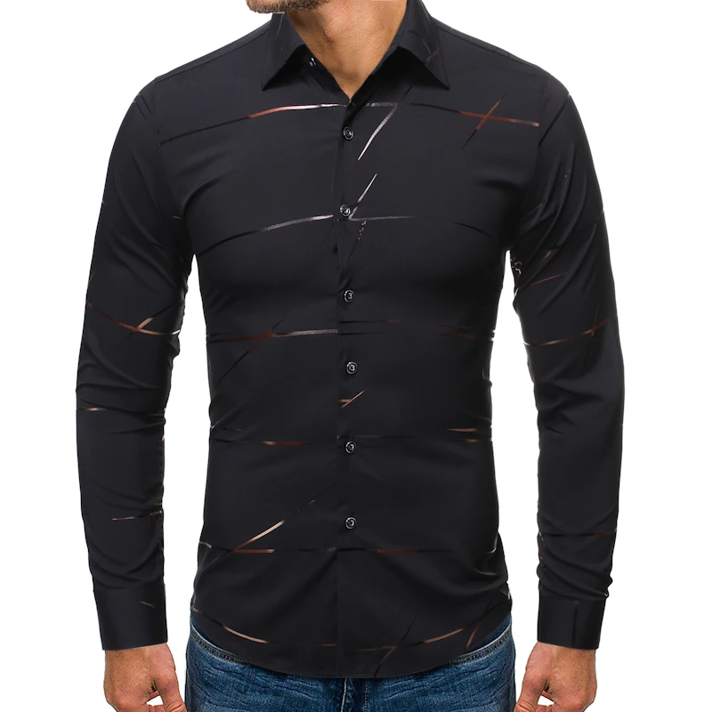 

Mens Classic Bronzing Printed Dress Shirts 2021 Brand Slim Fit Long Sleeve Men Shirt Party Wedding Prom Male Shirt Chemise Homme
