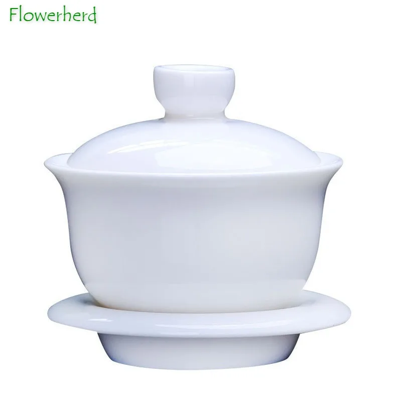 

Pure White Ceramic Porcelain Chinese Gaiwan Kung Fu Teaware Sancai Cover Bowl Mutton Jade Kung Fu Tea Set Simple Tea Maker