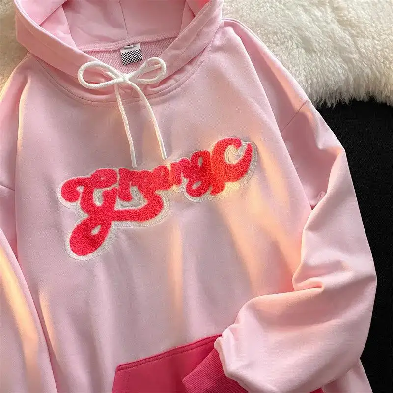 

3 colors Hip Hop Letter Embroidery Hoodies Sweatshirt Women Long Sleeve Tops Oversized Casual Teens Clothes 2021 Korean Fashion
