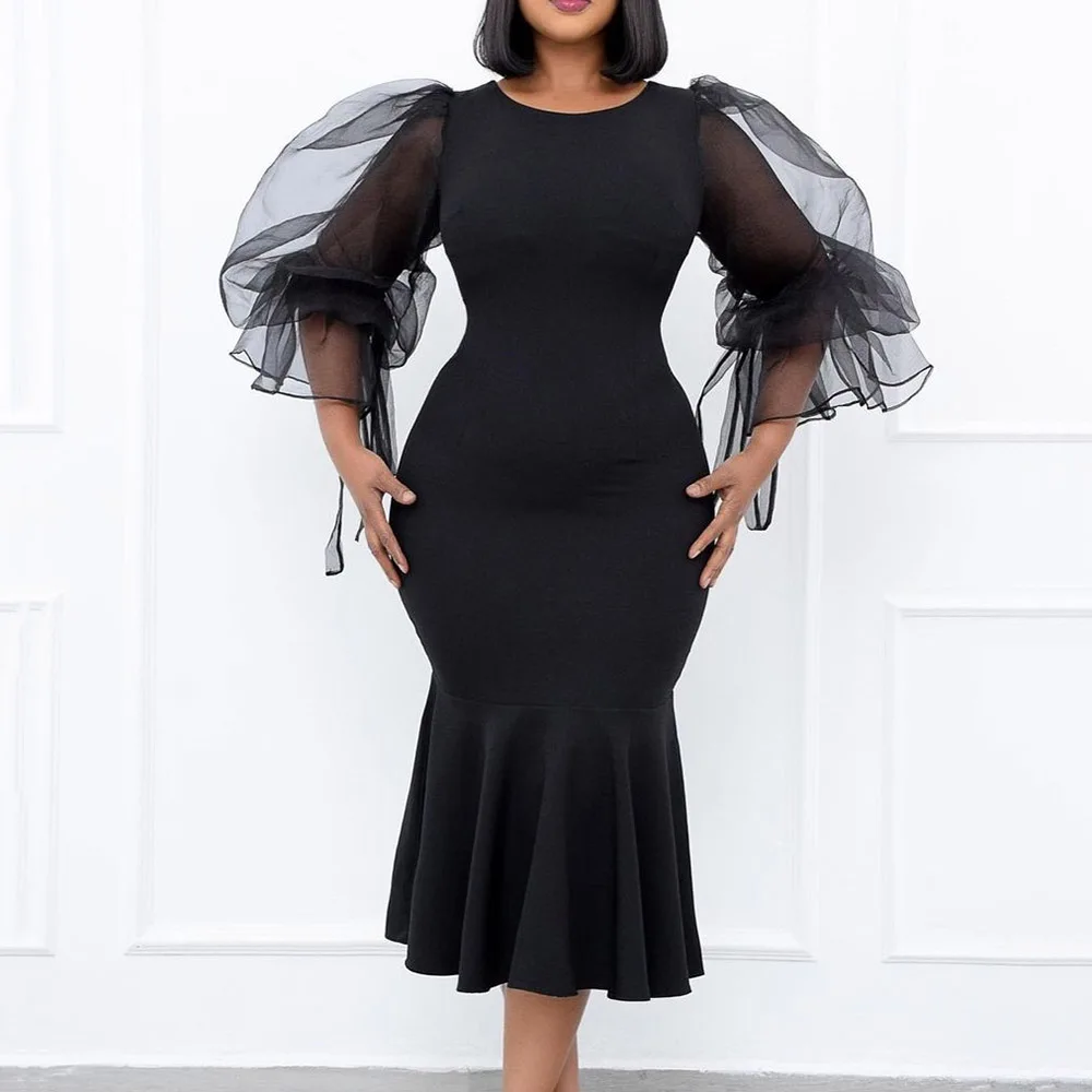 

Женское Прозрачное платье-Русалка с оборкой, длинным рукавом и высокой талией