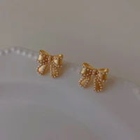 vintage matte gold bow pearl earrings for woman simple trend gold plated pierced push back stud earrings party wedding jewelry