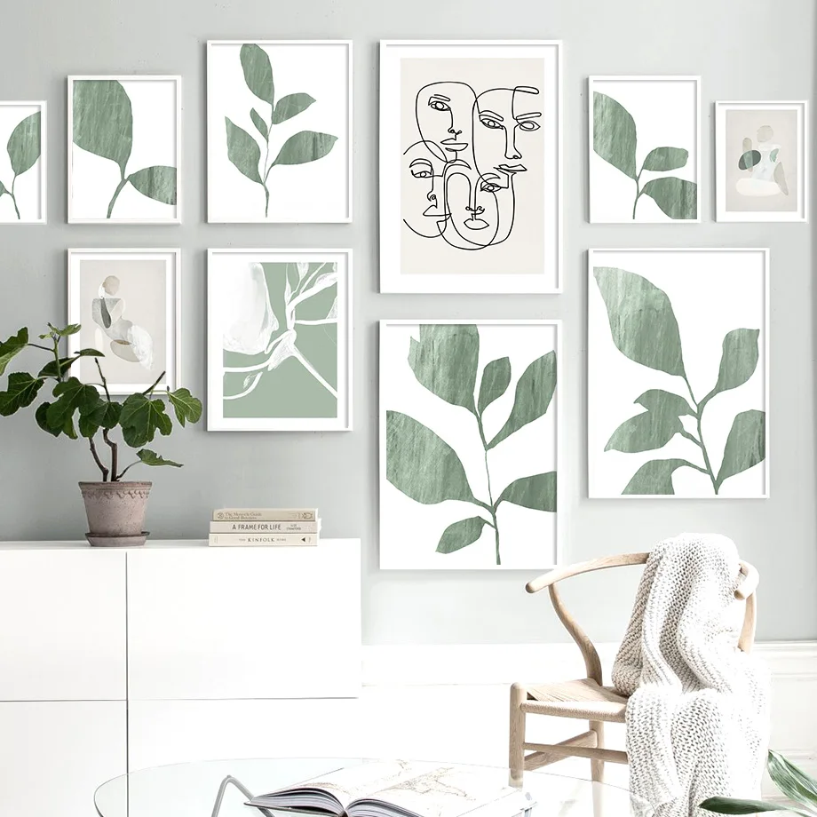 Абстрактные зеленые листья Геометрическая линия лица скандинавские плакаты и