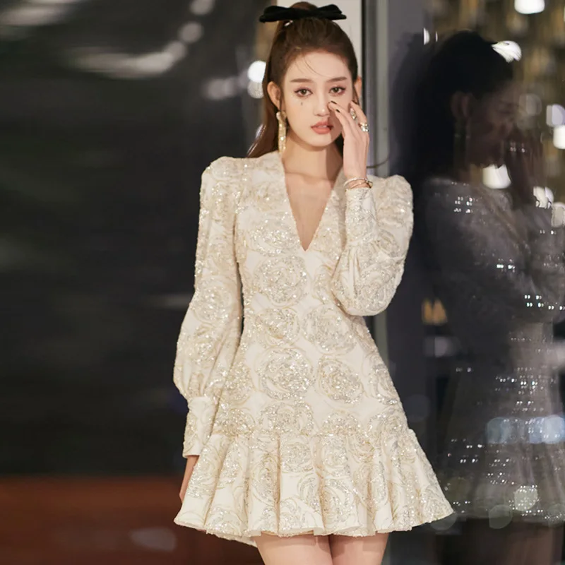 

High Quality 2021 Spring Fashion Gauze V-Neck Embroidery Floral Sequins Patchwork Ruffles Slim Mini Sweet Women Dress