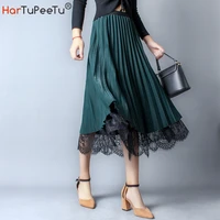 womens mesh lace patchwork pleated skirts vintage high waist ruffle oversize half body wear two side wear