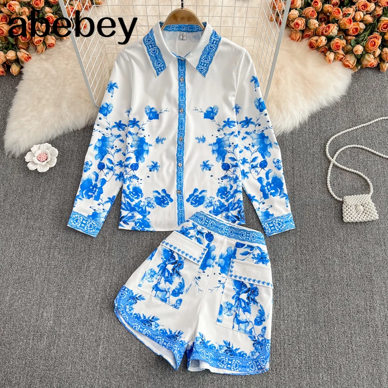 

2021 New Autumn Winter Vintage turn down collar long sleeve print Shirt Top + high waist casual wide leg Shorts two-piece set