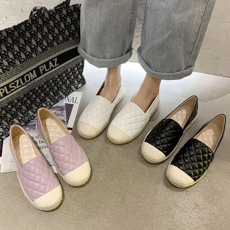 

Spring Autumn Women Loafers Plaid Sewing Slip On Shoes Black Loafer White Flats Rhombic Boat Shoes Female Zapatos Mujer