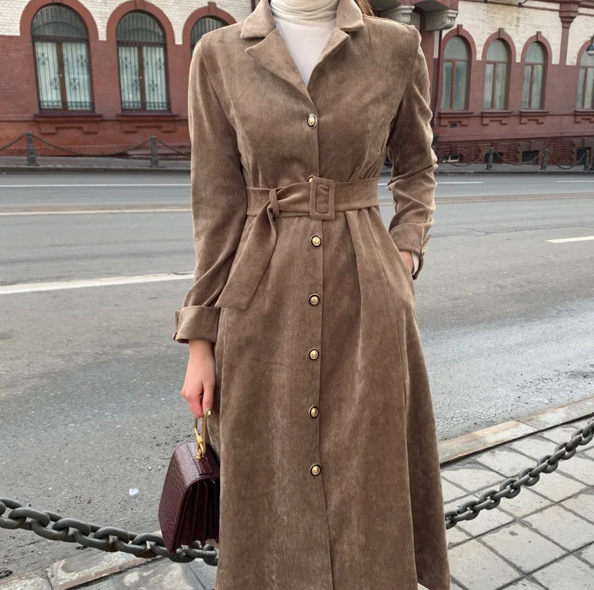 

Spring Autumn Women New Casual Corduroy Eleagnt Lace-Up Slim Dress Fashion