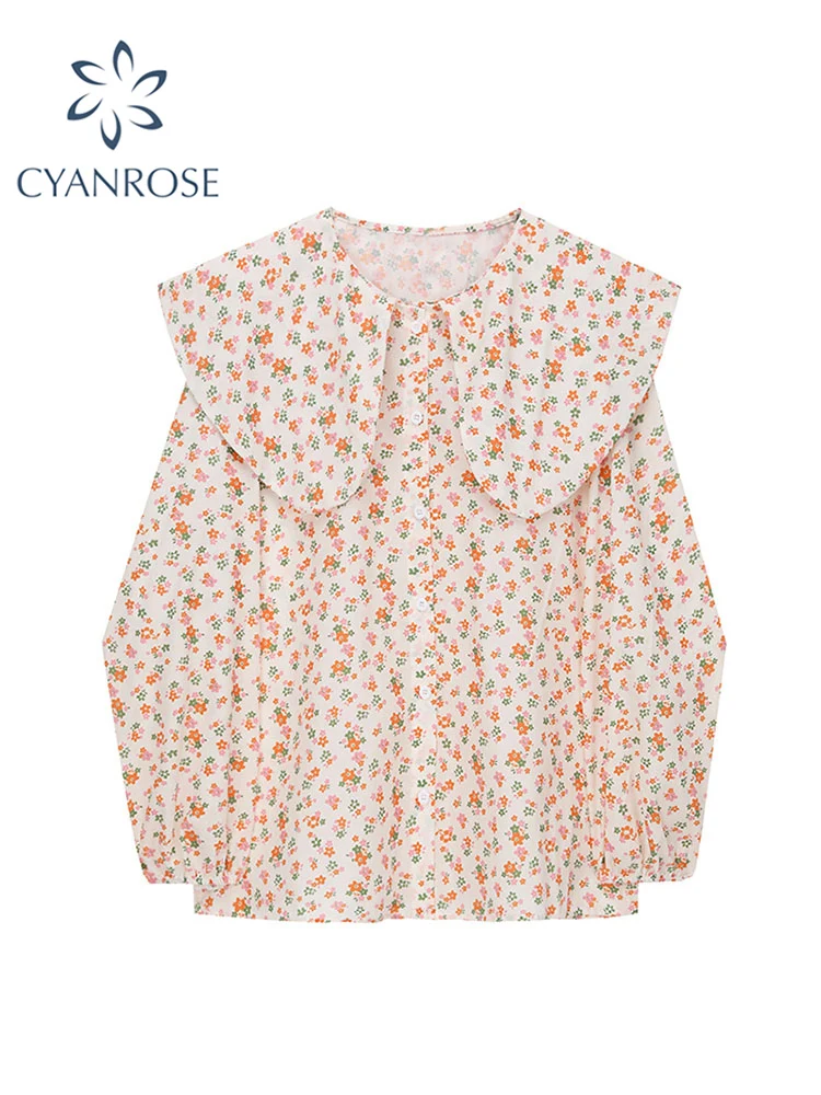 

Women Floral Print Shirts Sweet Trendy Peter Pan Collar Single Breasted Female Vintage Casual Elegant Office Ladies Blouse New
