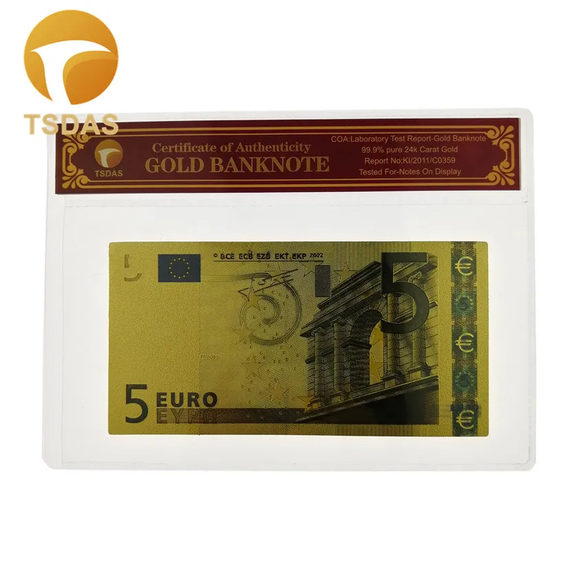 EURO Gold Banknote in Colors Luxury 999 24k Golden Note Collectible In Plastic COA Frame for Collection | Дом и сад