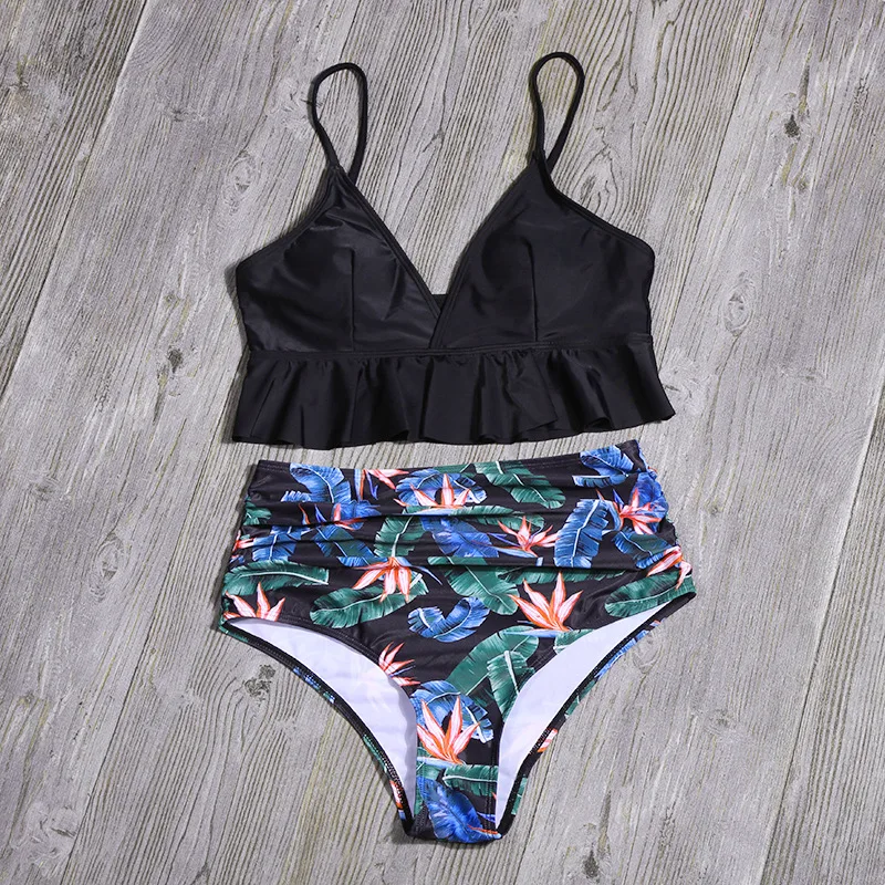 

MYTENG Ruffle Swimwear Women Bikinis Mujer New Sexy V-neck Bathing Suit Summer Push Up Swimsuit Beachwear Retro Print Biqiuni