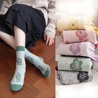 floral sport socks soft breathable art cotton socks woman harajuku japanese midi tube sokken retro style skarpetki mujer