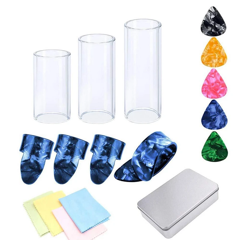 18 teileschachtel gitarre rutsche picks kit edelstahl glas rutschen daumen finger celluloid pick reinigung tuch für elektrische gitarren free