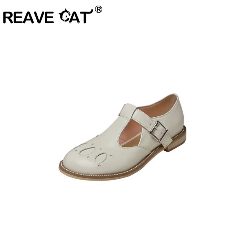 REAVE CAT2021 Big Size 43 Genuine Leather Round Toe Low Heel Buckle Strap T Classic Colors Beauty Lady Sweet Flat Heel Big Size