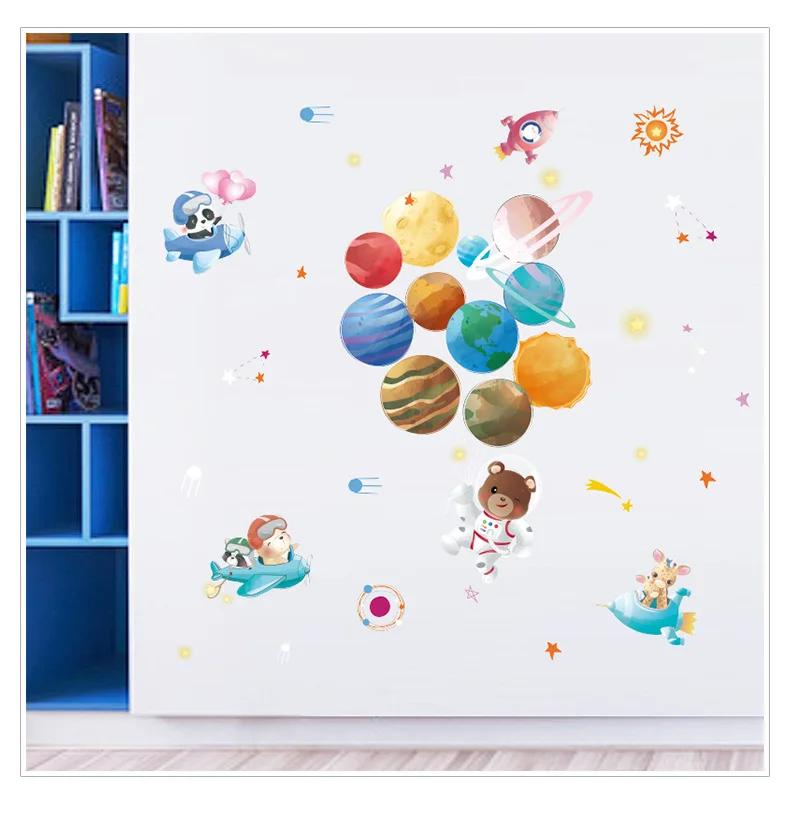 

Cartoon Space Planet Wall Stickers for Kids Room Bedroom Decor Mural Kindergarten Classroom Backdrop Wall Decals Art Removable
