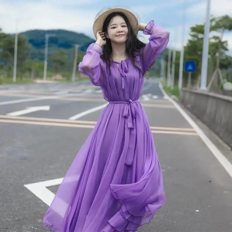 Шифоновое Фиолетовое Женское Платье макси с подкладкой и поясом, большие свободные пляжные вечерние длинные женские элегантные платья для ...