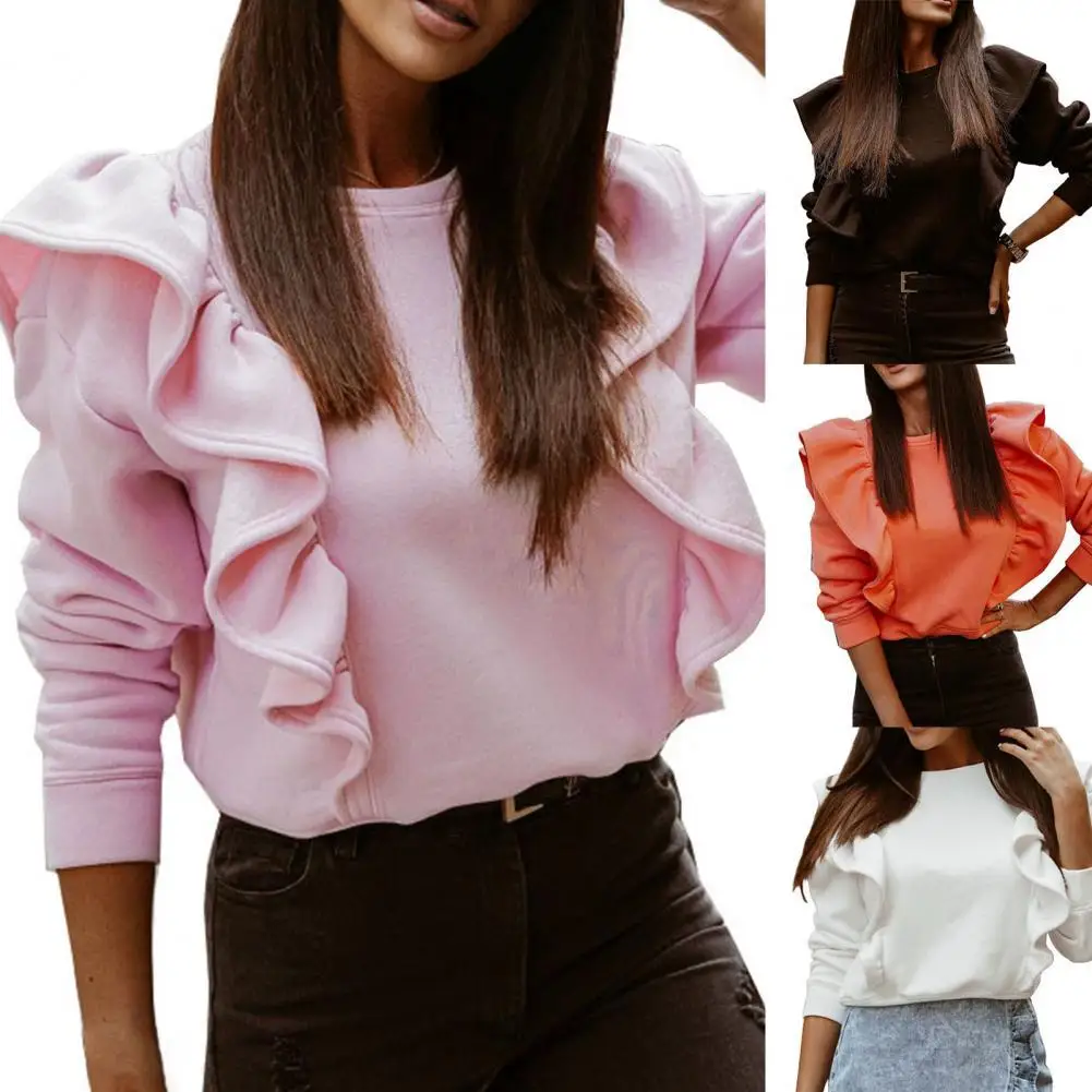 

Women Thicken Blouse Round Neck Ruffle Sleeve Solid Color Thickened Autumn Winter Tops Cotton Blend Pullover Shirt for Outdoor