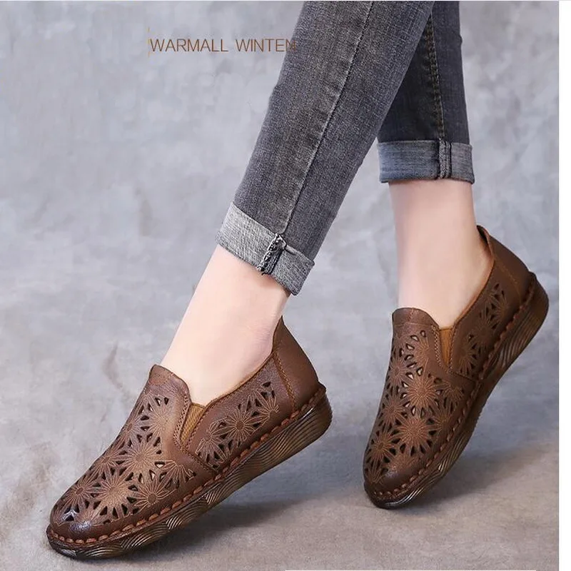 2020 Summer Women Flat Sneakers Shoes Genuine Leather Casual Flats Women Hollow Out  Ladies Slip on Loafers Ballerina Espadrille