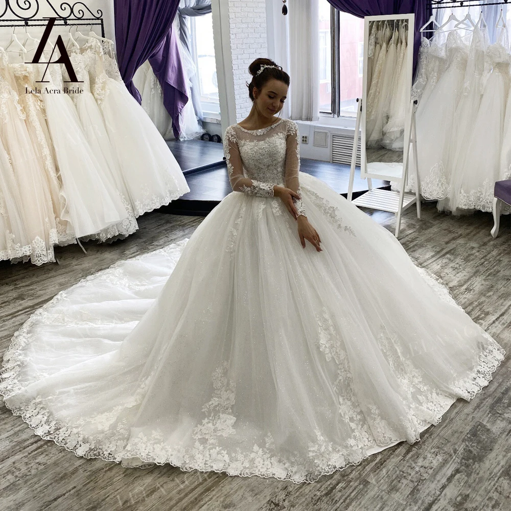 

Женское свадебное платье со шлейфом LelaAcra, роскошное бальное платье с бусинами, длинными рукавами и аппликацией, платье невесты