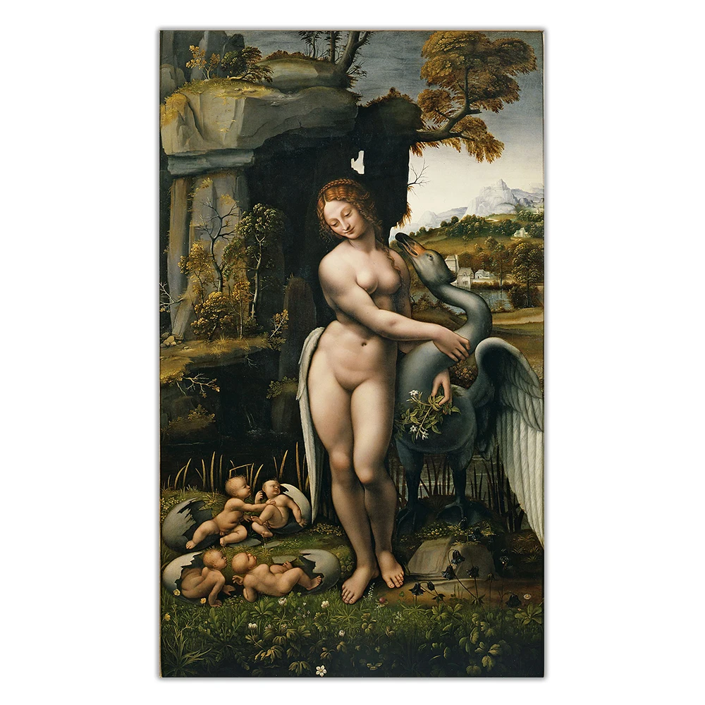 Картина маслом Леда и лебедей Леонардо да Винчи известный постер на холсте