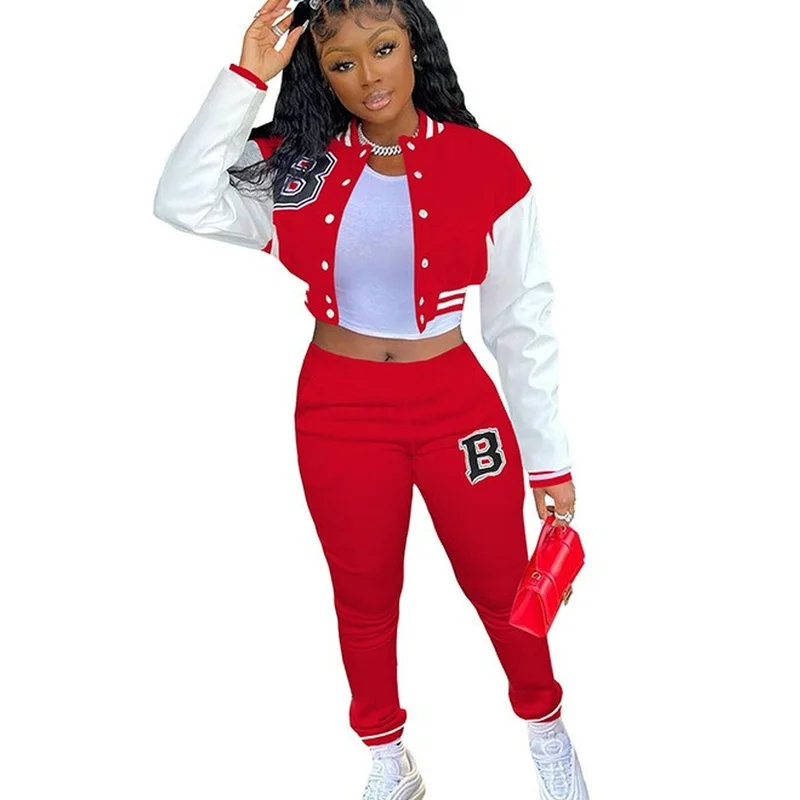 

Letter Print Patchwork Bomber Jacket Trouser Suits Casual Spring Autumn Women 2 Piece Set Tracksuit Female Outfit Plus Size 2XL