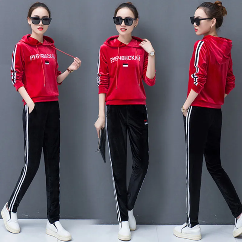 Осенний Бархатный комплект с капюшоном Женский из 2 предметов толстовка в