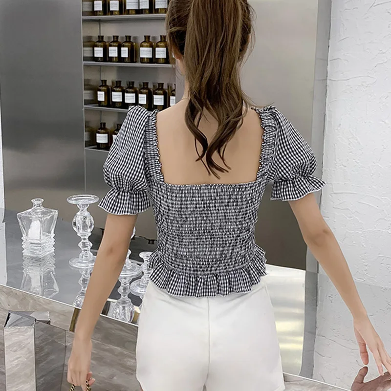 Женская шифоновая блузка в клетку с квадратным вырезом | одежда