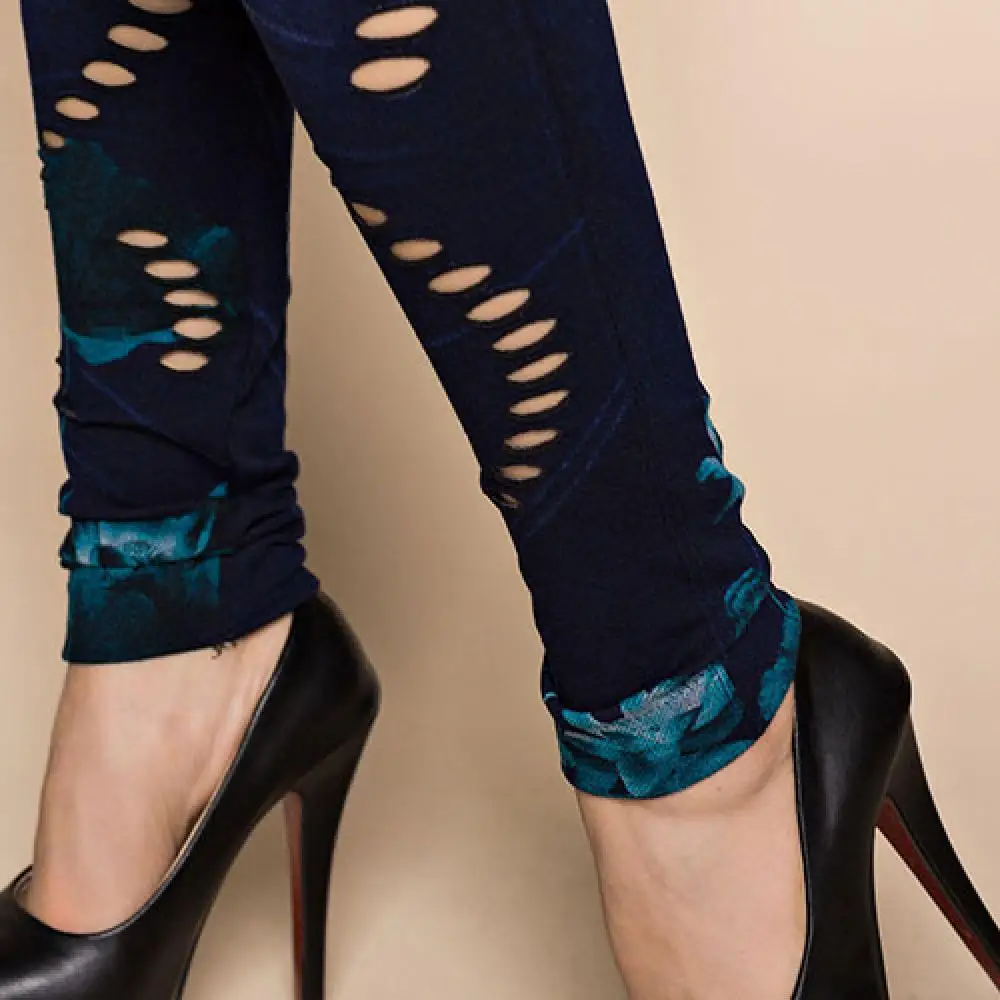 

Laamei Fashion Women Leggings Floral Print Pencil Pants Leggins 2019 3XL Plus Size High Waist Hollow Out Faux Denim Leggings