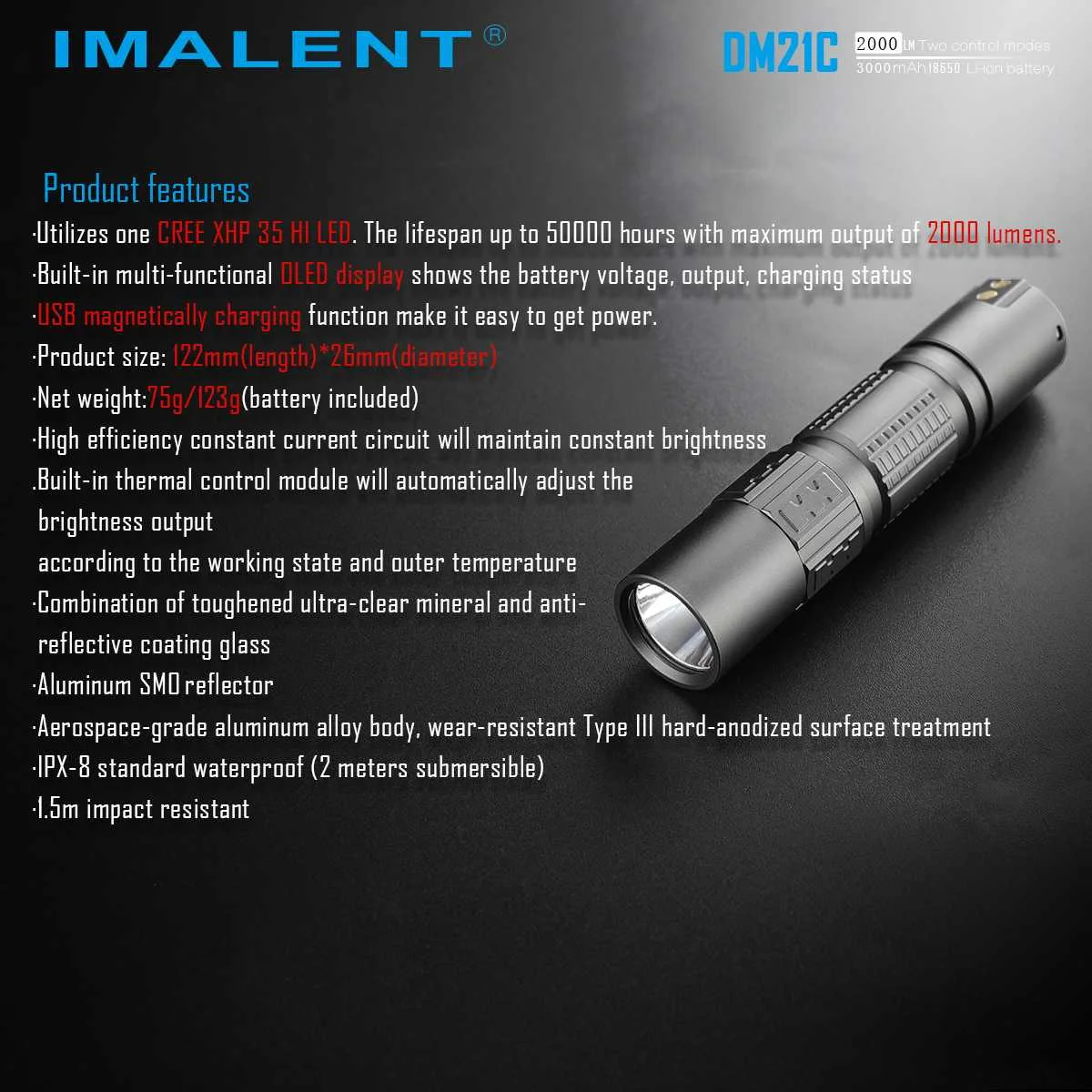 IMALENT DM21C XHP35 HI O светодиодный дисплей 6 режимов 2000 люмен Magetic usb зарядка светодиодный тактический фонарь светодиодный 18650 фонарь лампа