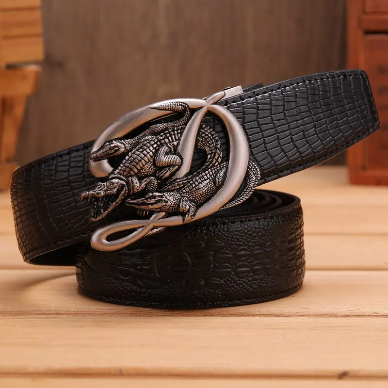 silver black Крокодиловый Аллигатор ремень для мужчин роскошный ремень Автоматическая Пряжка Воловья кожа натуральная кожа дизайнерская высококачественная повседневная мода - Цвет: silver black