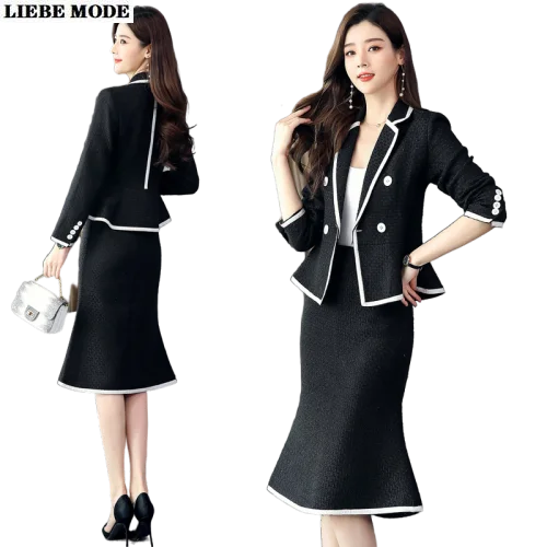 Luxury Two Piece Blazer and Skirt Set Women Tweed Suit Black White Business Double Breasted Jacket with Knee Length Skirts