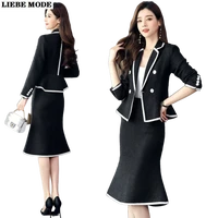 luxury two piece blazer and skirt set women tweed suit black white business double breasted jacket with knee length skirts