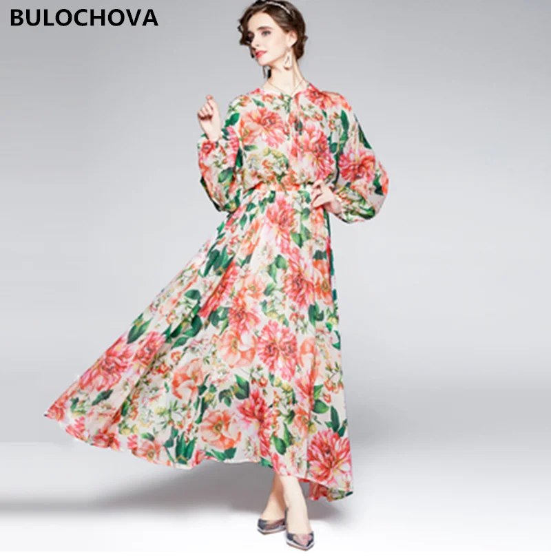 

BULOCHOVA Drop Shipping Women O Neck Print Chiffon Holiday Long Dress 2021 New Arrival Big Size Elastic Waist Vestido Femme 2XL