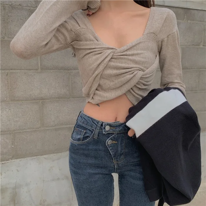 Сексуальный укороченный топ с низким вырезом на спине женский свитер новый