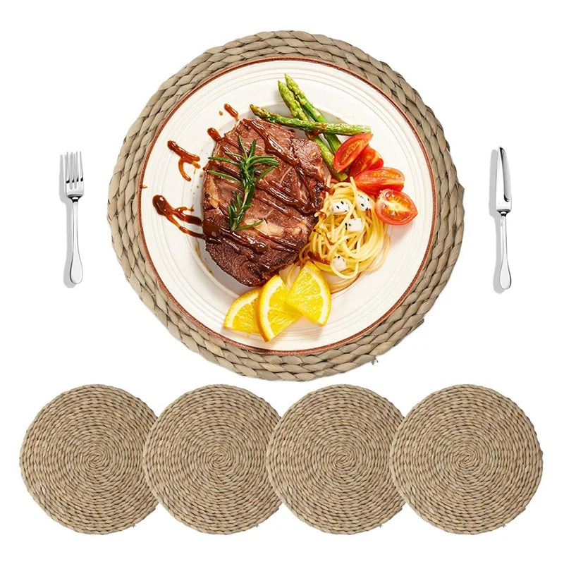 HHO-4Pcs Cattail соломенные круглые тканые салфетки для обеденного стола Ротанговые