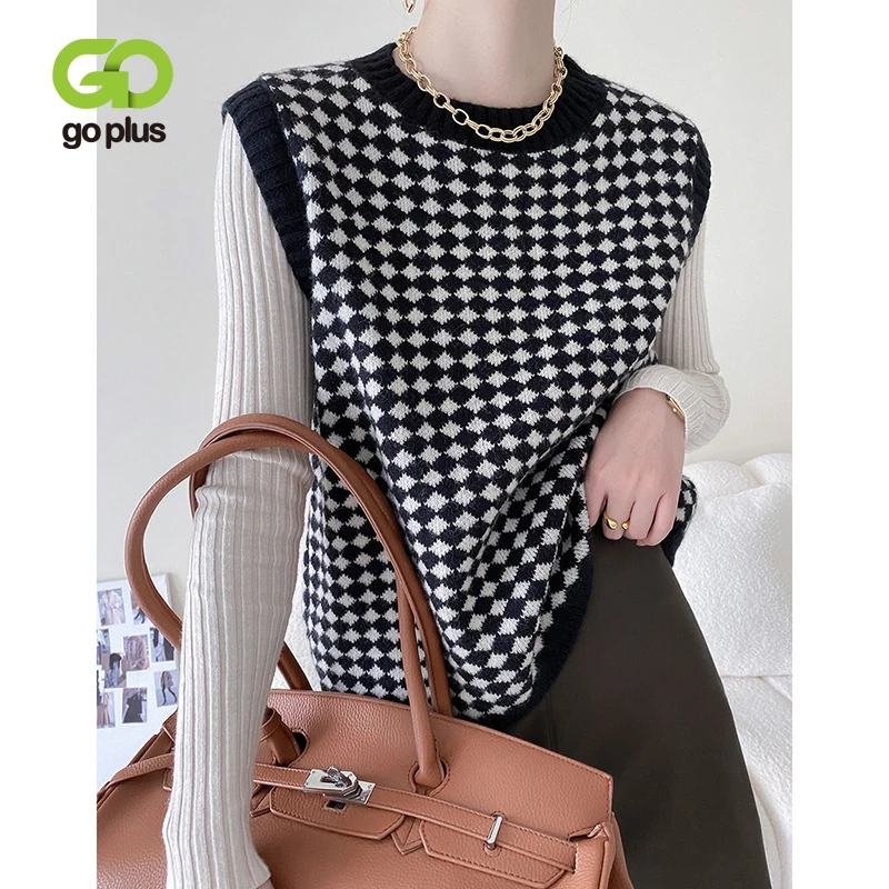 

GOPLUS Y2k Sweater Tops Pull Checkerboard Sleeveless Black Sweaters Knit Vest Korean Women V Neck Vests Kamizelka Damska C11668