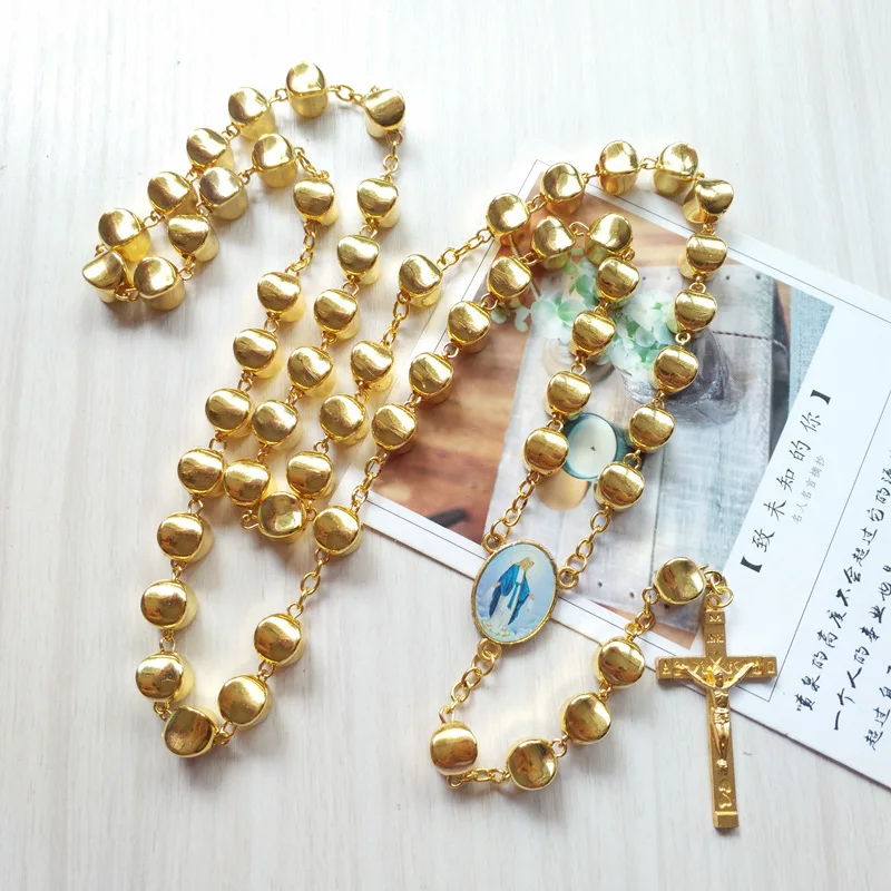 QIGO новый дизайн длинные золотые акриловые бусы ожерелье с розам крест Иисус