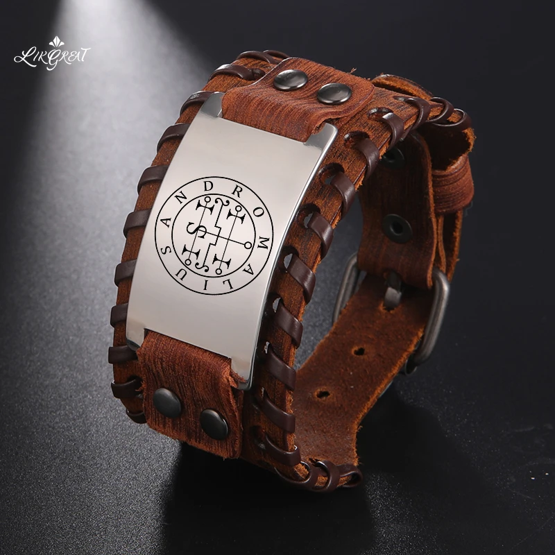 

Viking Punk Wide Leather Men's Wrist Bracelet on Hand 72 Demon of Solomon Count Sigil Amulet Vintage Steel Charm Bangles Jewelry