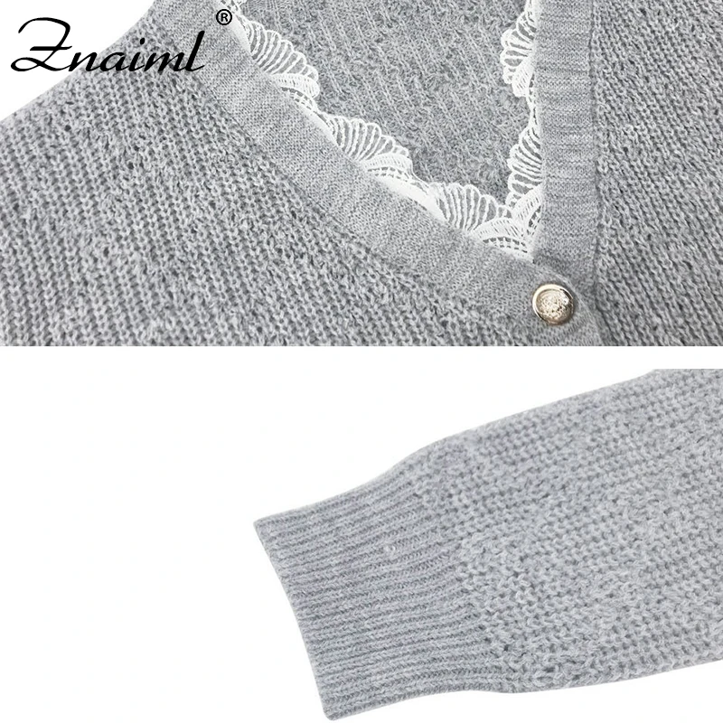 

Znaiml Women Solid Color Knitted Shirts Single-breasted Design Lace V-Neck Long Sleeve Spring Autumn Casual Loose Cardgian Tops