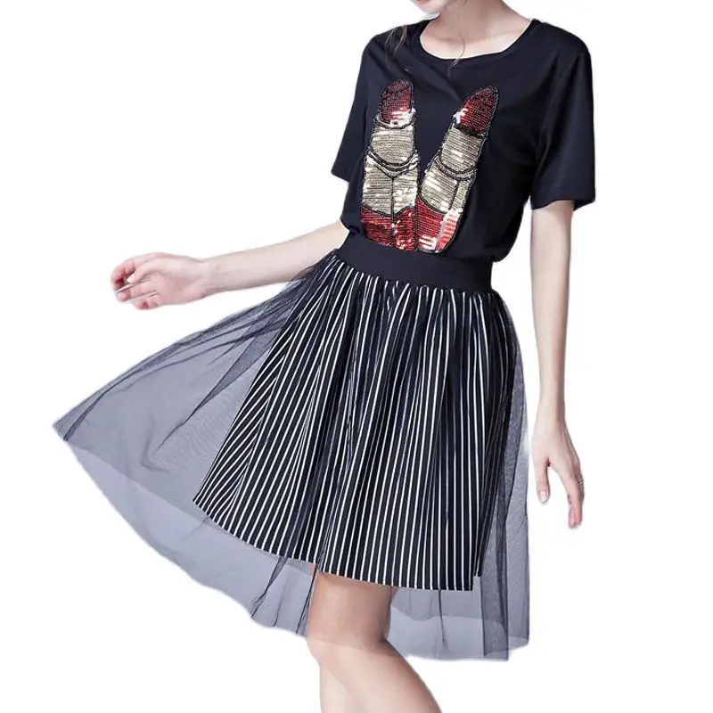 Vintage Summer Black White Striped A-Line Knee-Length Mesh Large Size Skirts Office Casual Brand Design Oversized Women Clothing | Женская