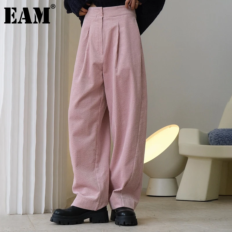 

[EAM] белые плиссированные длинные широкие вельветовые брюки с высокой талией, новые свободные брюки, женские модные демисезонные 2021 1DE3115