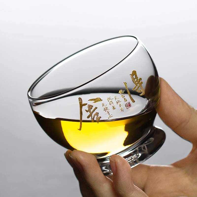 

120ml Glass Tea Cup Handmade Gold Word Cups Heat Resistant Teacup Tea Ceremony Accessories Container Master Small Tea Bowl Craft