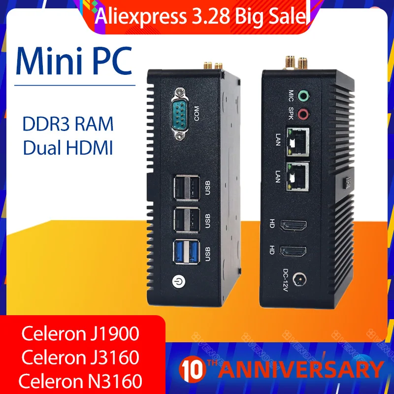 4 ядра мини ПК Dual Lan Мини компьютер Celeron N3160 Linux Win10 Двойной HDMI 2 * Gigabit LAN(RJ 45)