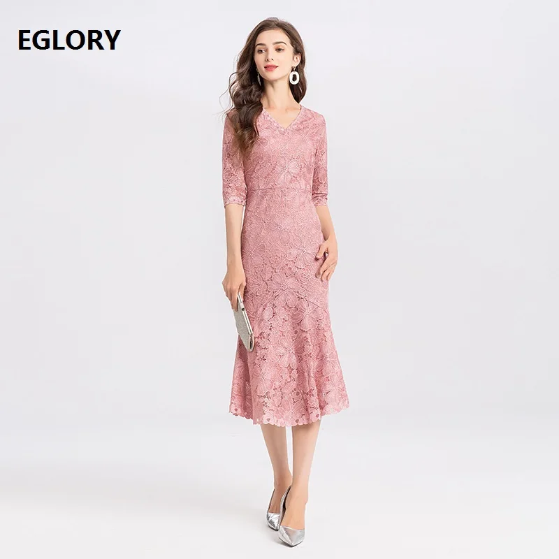 

Lace Mermaid Dresses 2020 Spring Summer Party Cocktail Women V-Neck Allover Lace Crochet 3/4 Sleeve Mid-Calf Bodycon Dress 4xl